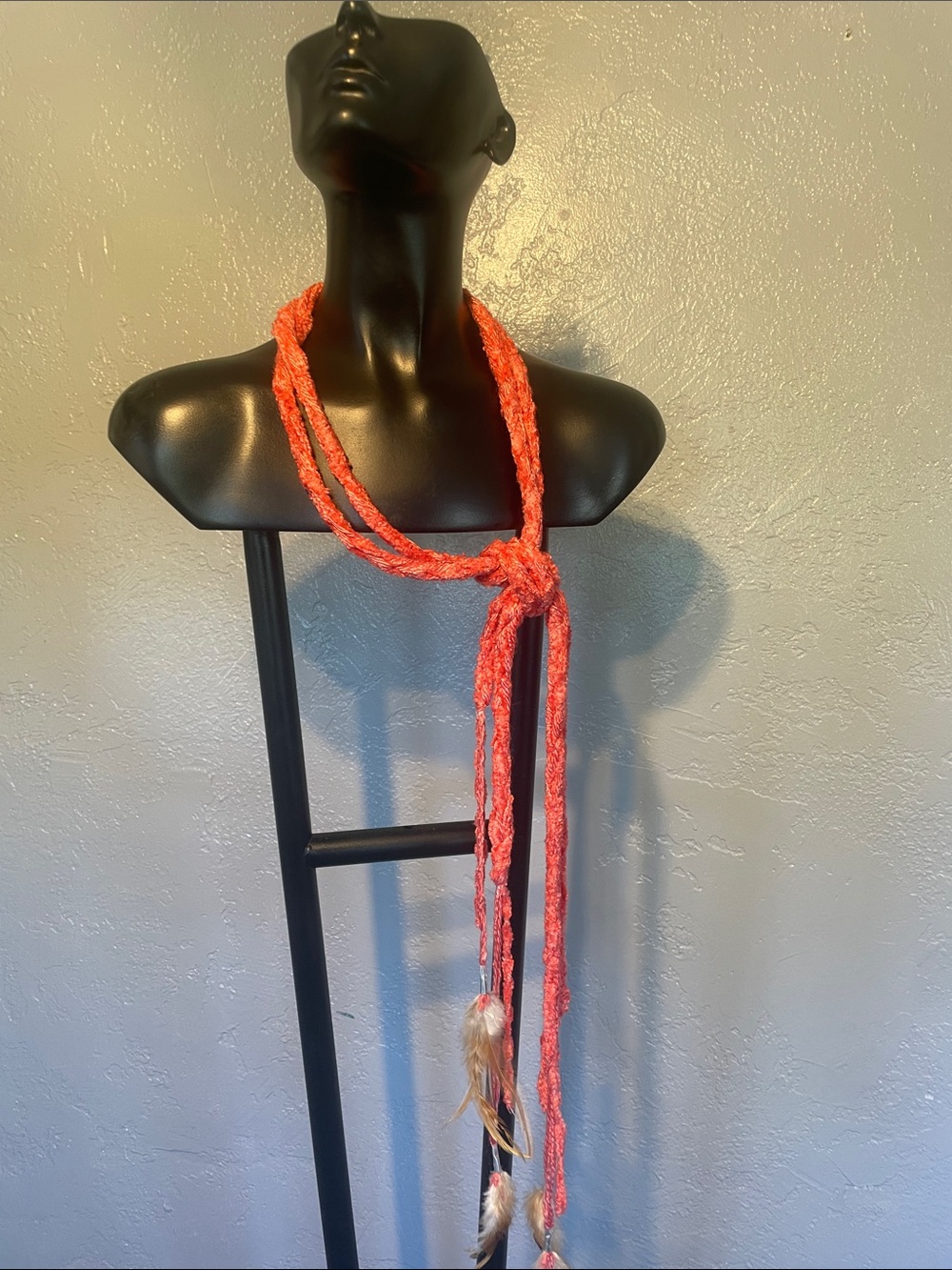Handmade Coral Orange Braided Feather Lariat scarf Necklace